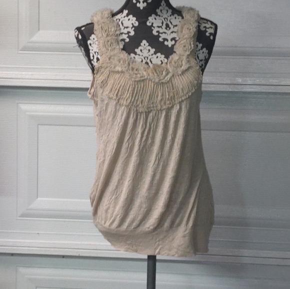 Cream Sleeveless Top with Floral Accent Neckline - Picture 1 of 13